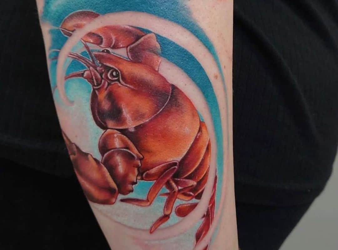 Big lobster with water on the background tattoo
