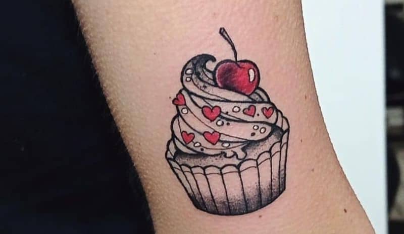 Black and red cupcake with cherry tattoo