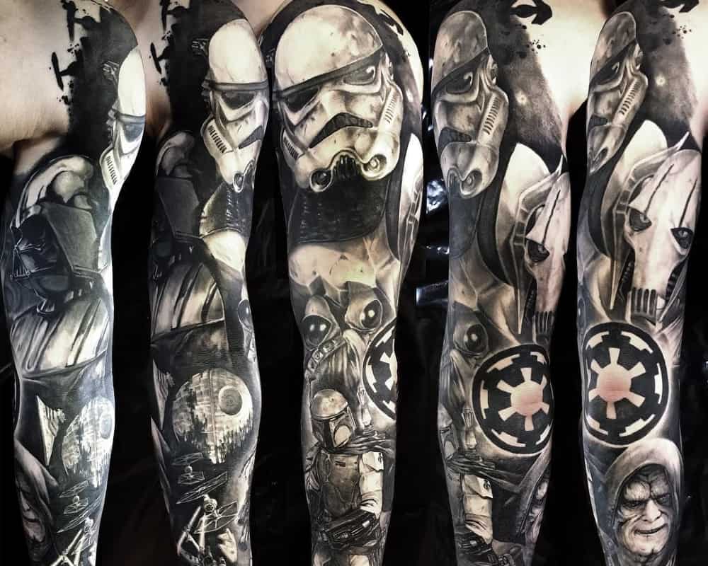 Black and white full sleeve tattoo with Darth Vader, Imperial Stormtrooper, Boba Fett, Emperor Palpatine