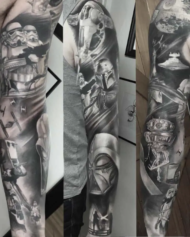 Black and white full sleeve tattoo with Darth Vader, Imperial Stormtroopers, Boba Fett