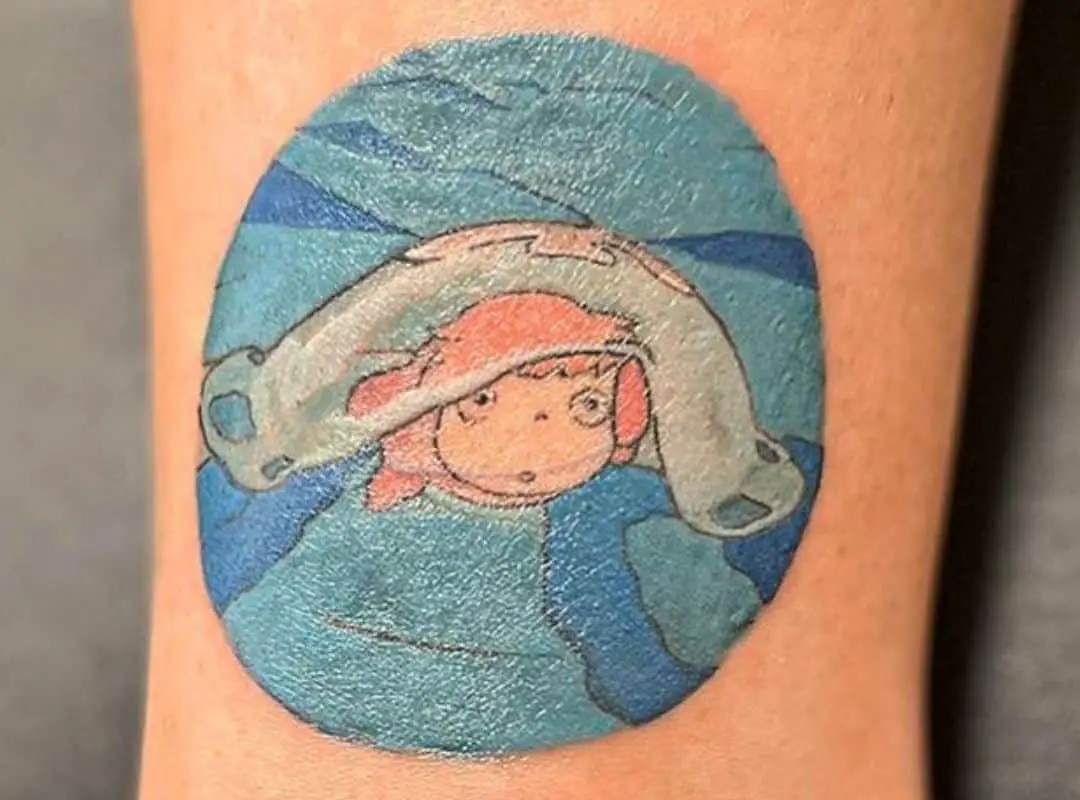 Ponyo and jellyfish in a blue circle tattoo