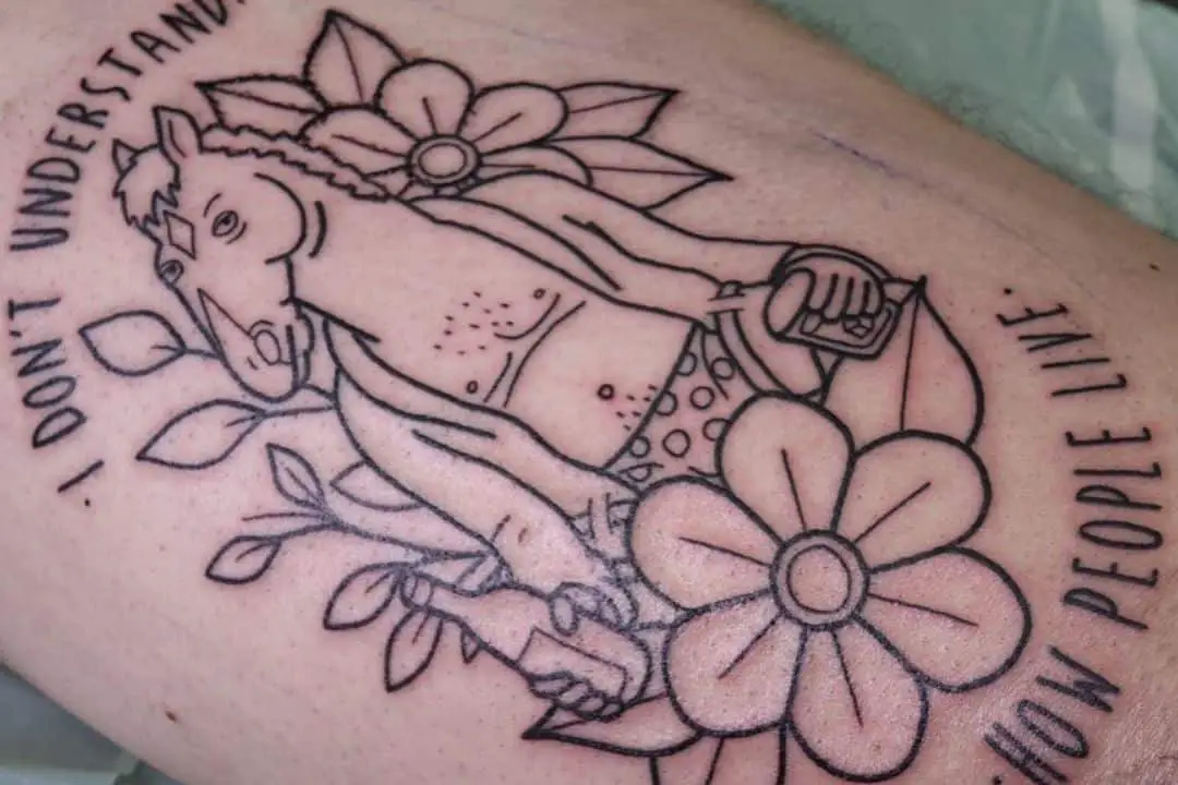 Outline BoJack with flowers and sign tattoo