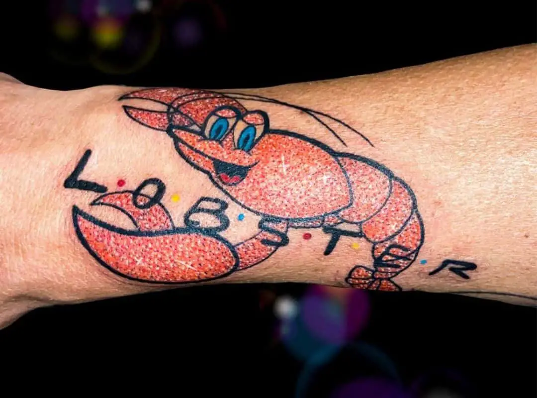 Cartoonish lobster with sign tattoo