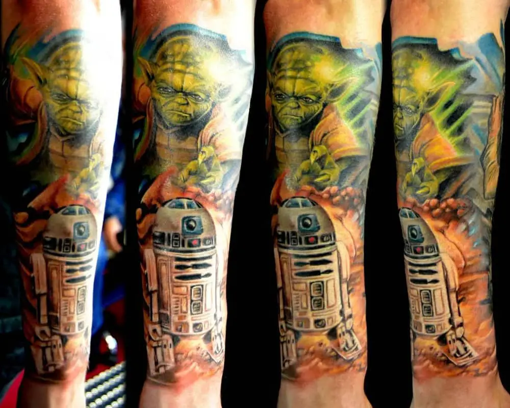 Colored tattoo on with Yoda R2-D2
