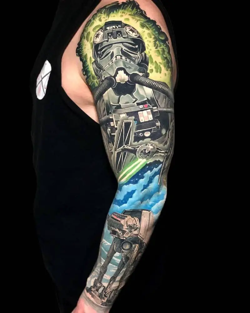 Colour tattoo full sleeve with imperial starship pilot, AT-AT