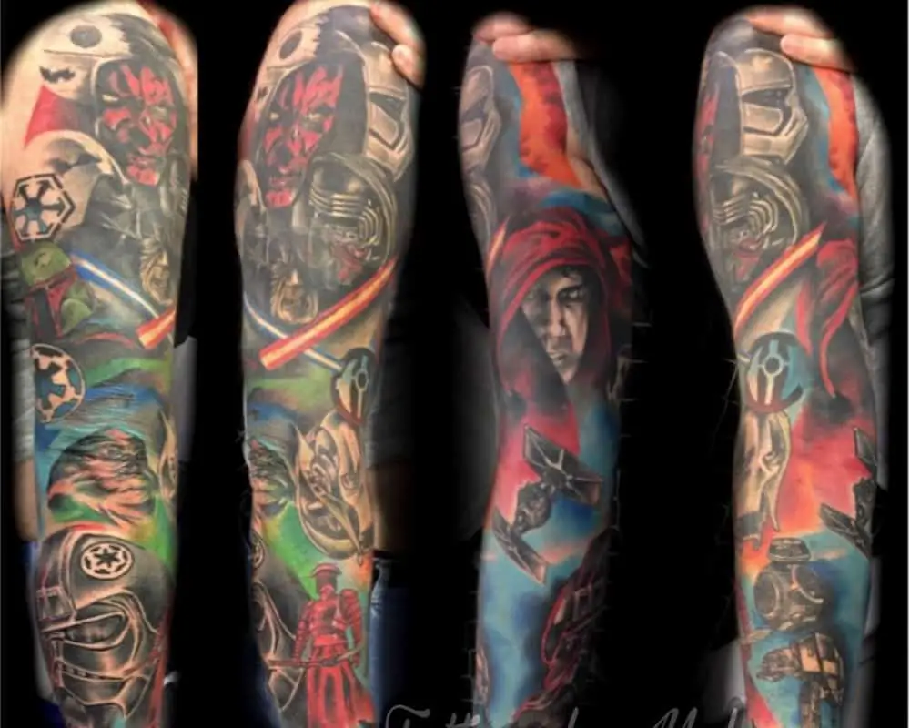 Colourful full sleeve tattoo with Darth Maul, Darth Vader, Anakin Skywalker