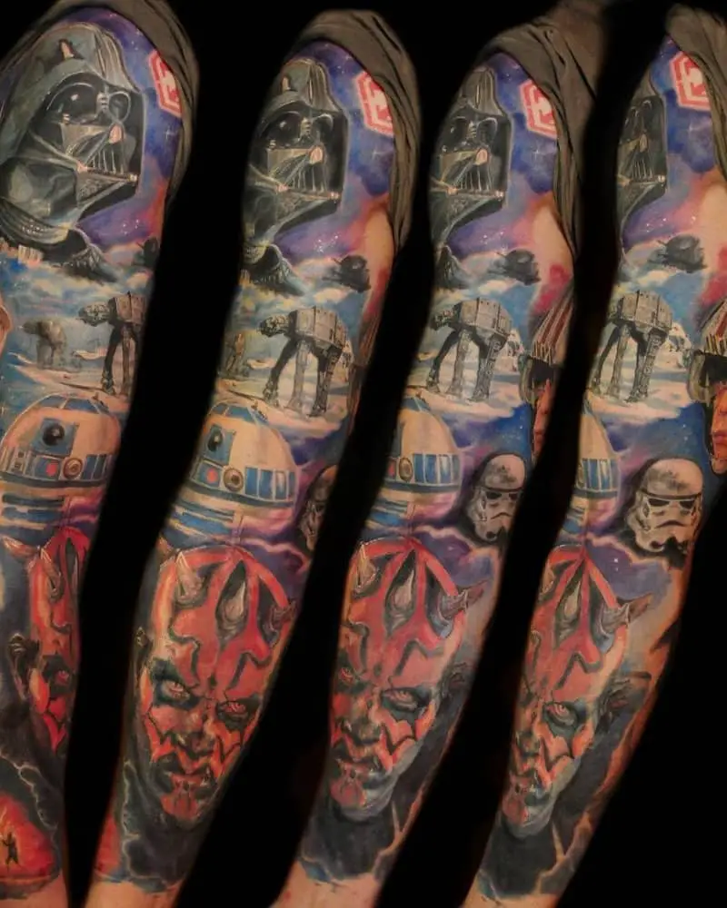 Colourful full sleeve tattoo with Darth Maul, Darth Vader, R2-D2
