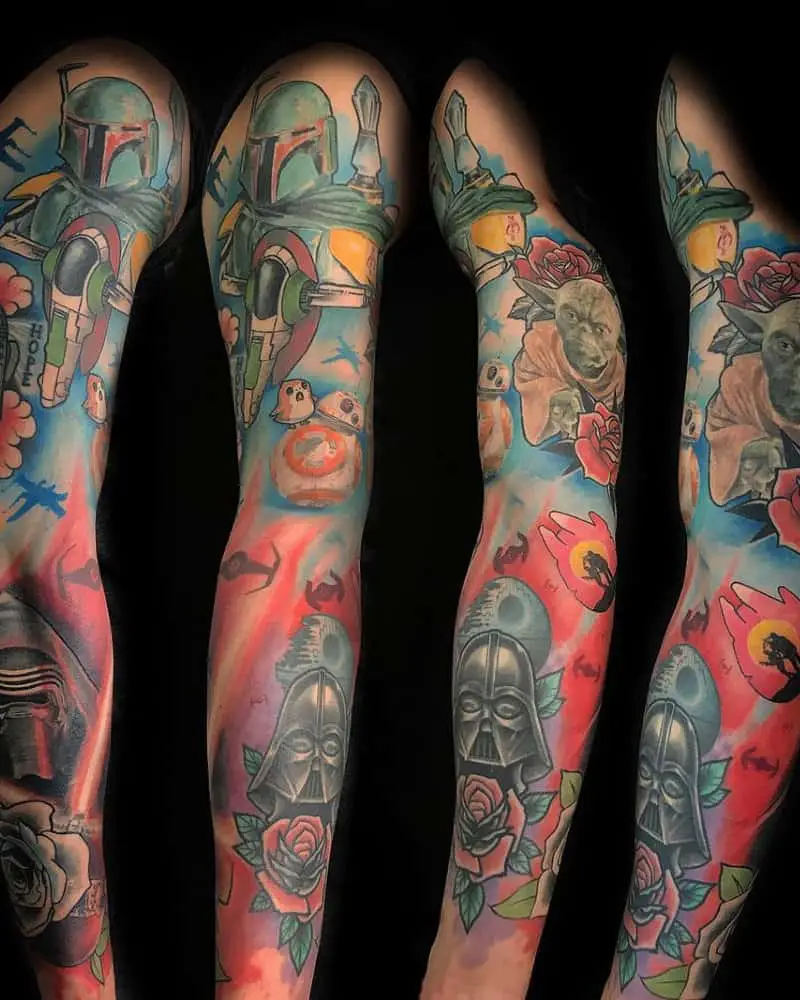 Colourful full sleeve tattoo with Darth Vader, Boba Fett, Yoda, R2-D2