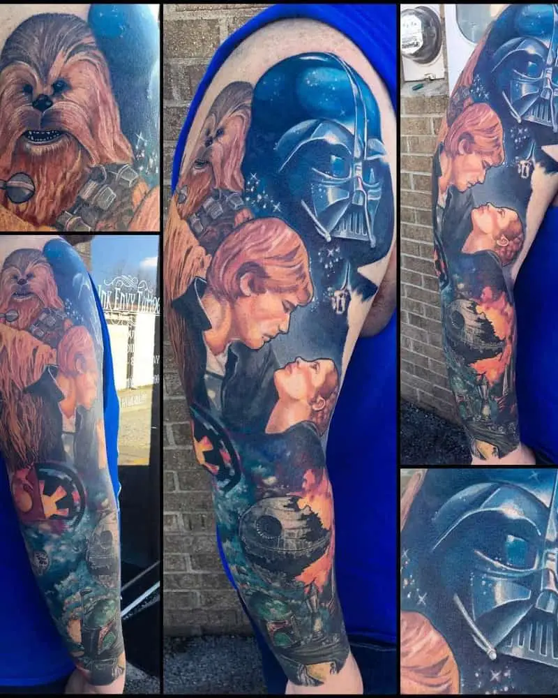 Colourful full sleeve tattoo with Darth Vader, Chewbacca, Han Solo and Princess Leia