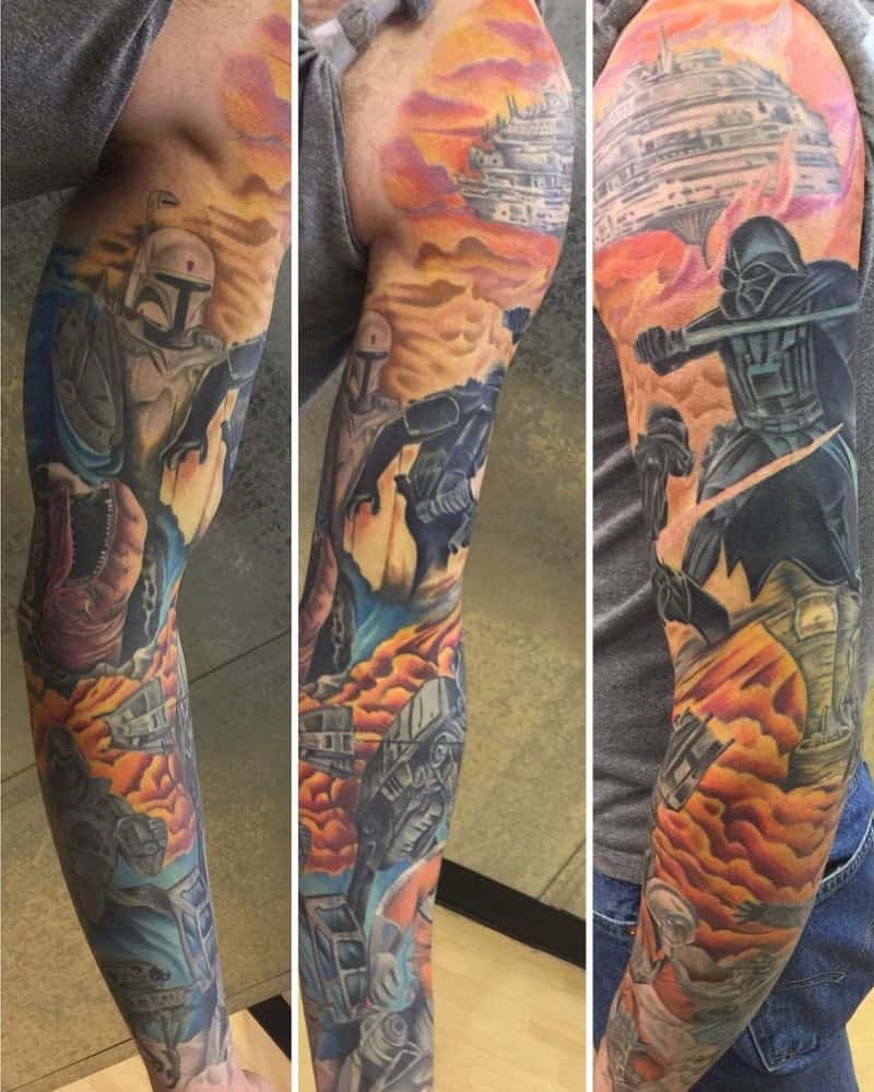 Colourful full sleeve tattoo with Darth Vader and Boba Fett