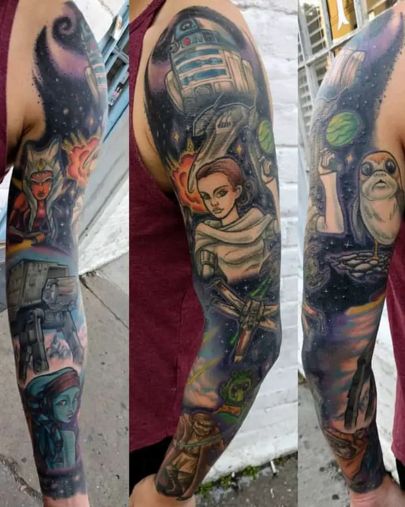 Colourful full sleeve tattoo with Princess Leia, Aayla Secura, Ahsoka Tano, Rey Skywalker
