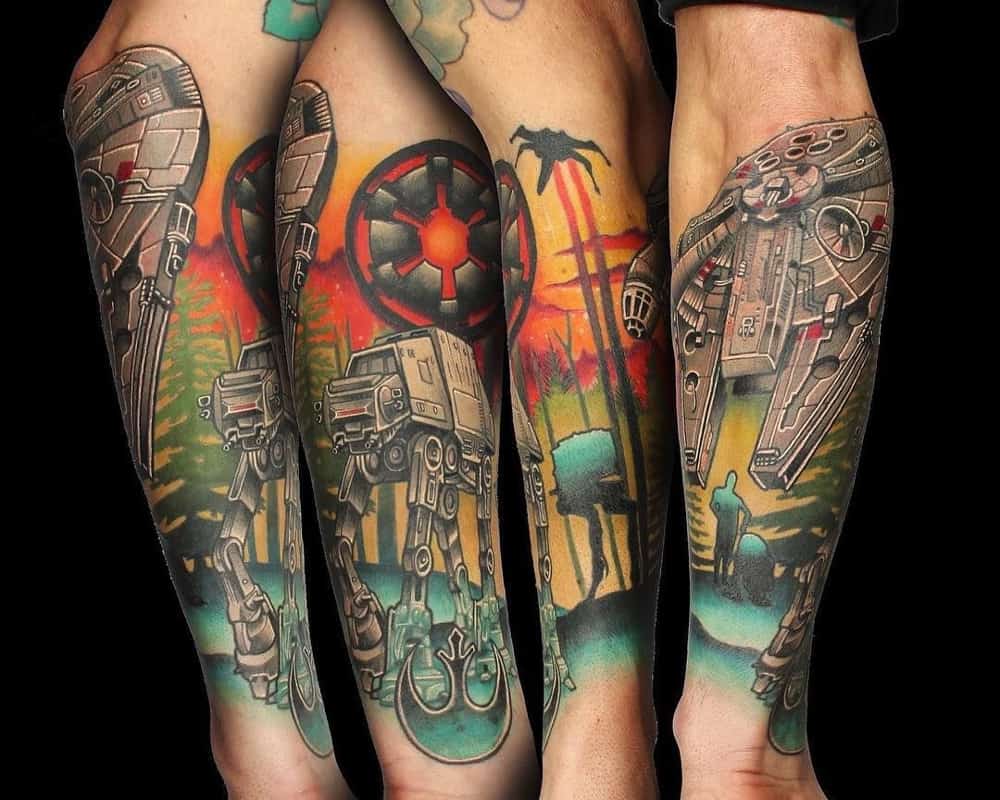 Colourful full sleeve tattoo with the Millennium Falcon, AT-AT