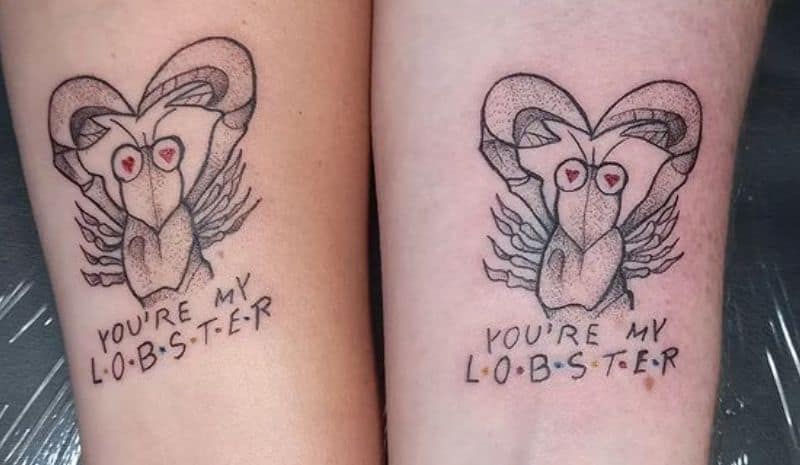 Couple tattoos of lobsters with hearts