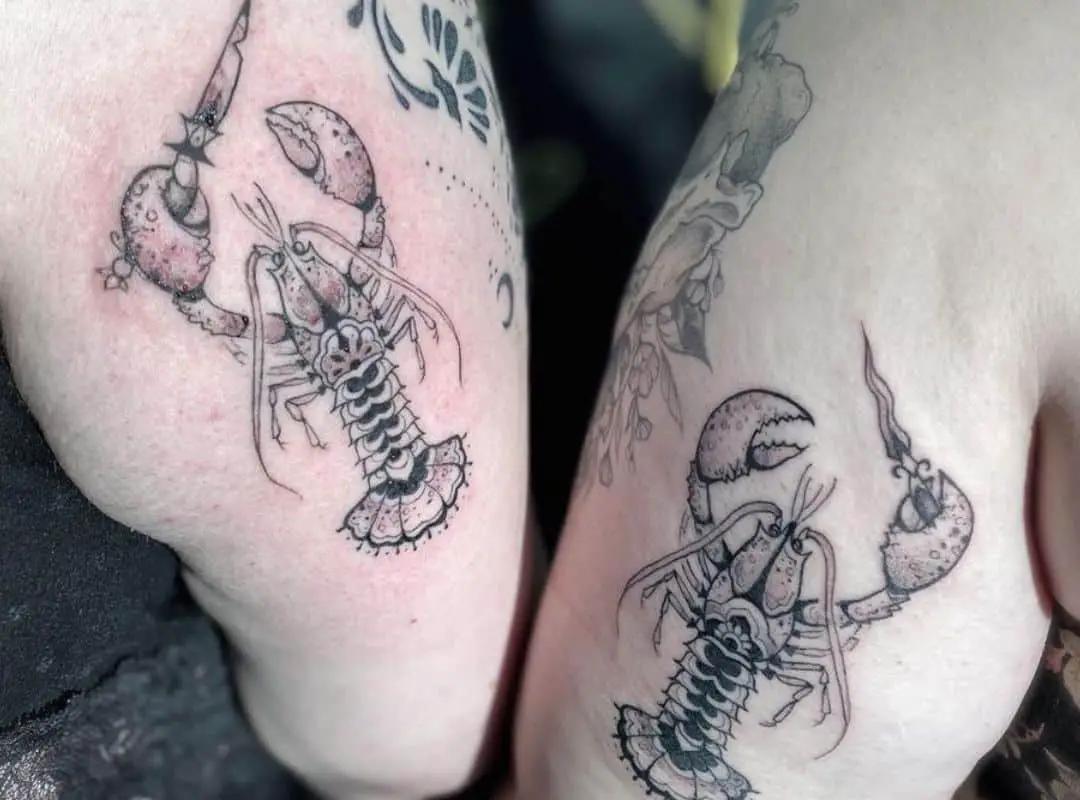 Couple lobster tattoos with knives