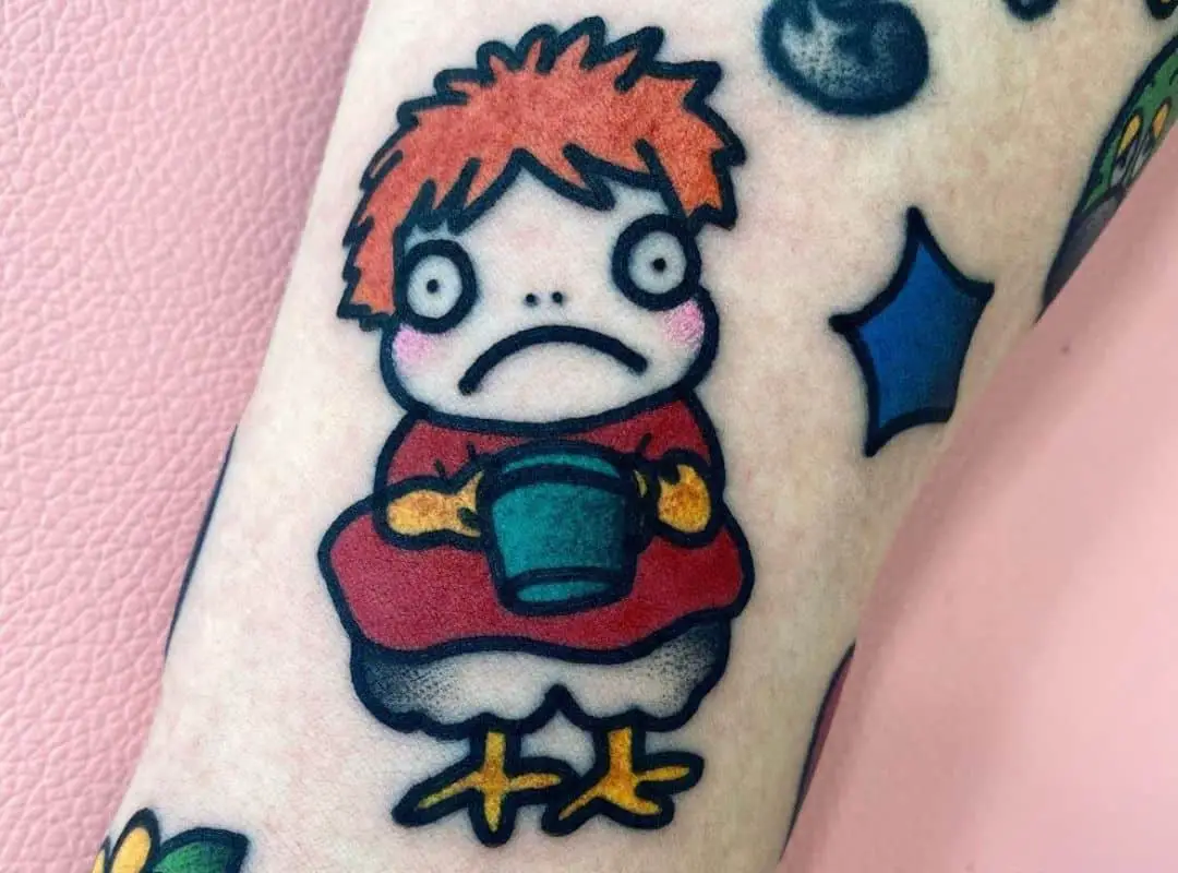 Crazy ponyo with bowl in the hands tattoo