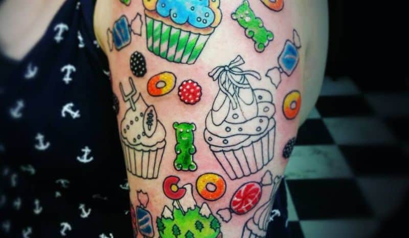 Sleeve with desserts tattoo