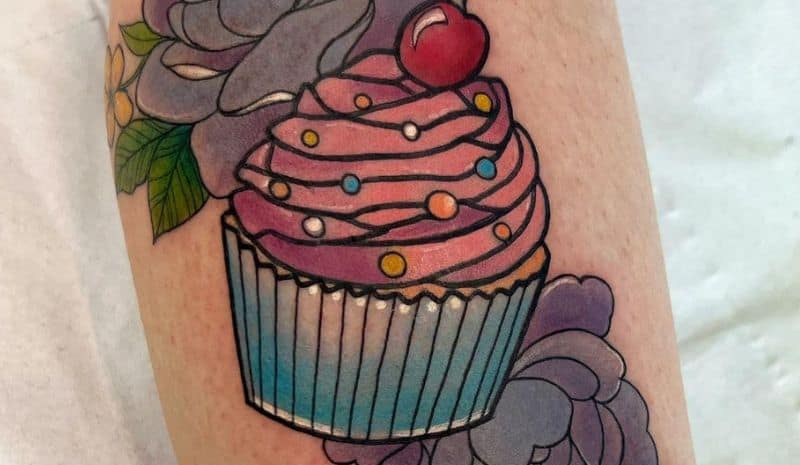 Pink&blue cupcake with purple flowers tattoo