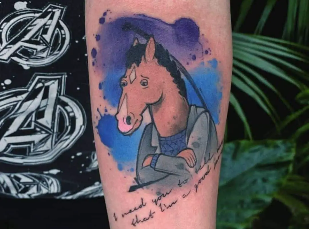 Disappointed BoJack on the blue and purple background tattoo
