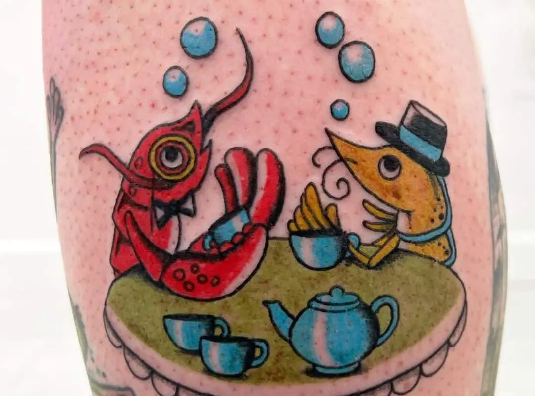 Fish and lobster having tea tattoo