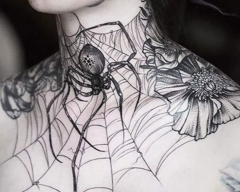 Full neck tattoo of a spider web with a spider