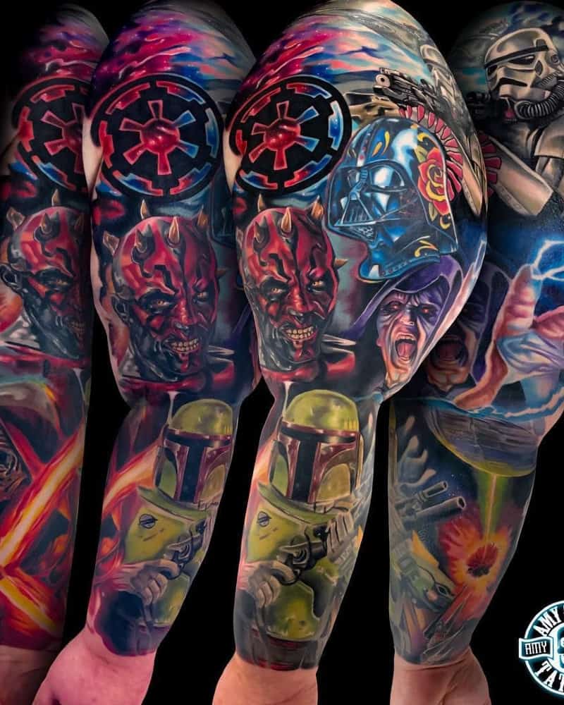 Full sleeve colour tattoo with Darth Vader, Boba Fett, Dark Maul, Palpatine