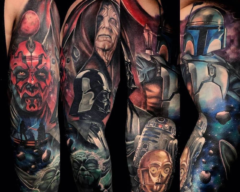 Full sleeve tattoo with Boba Fett, Darth Maul, Palpatine, Yoda, Darth Vader