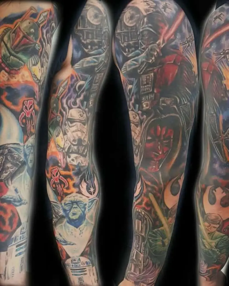 Full sleeve tattoo with Darth Maul, Darth Vader, Boba Fett, Yoda, Millennium Falcon