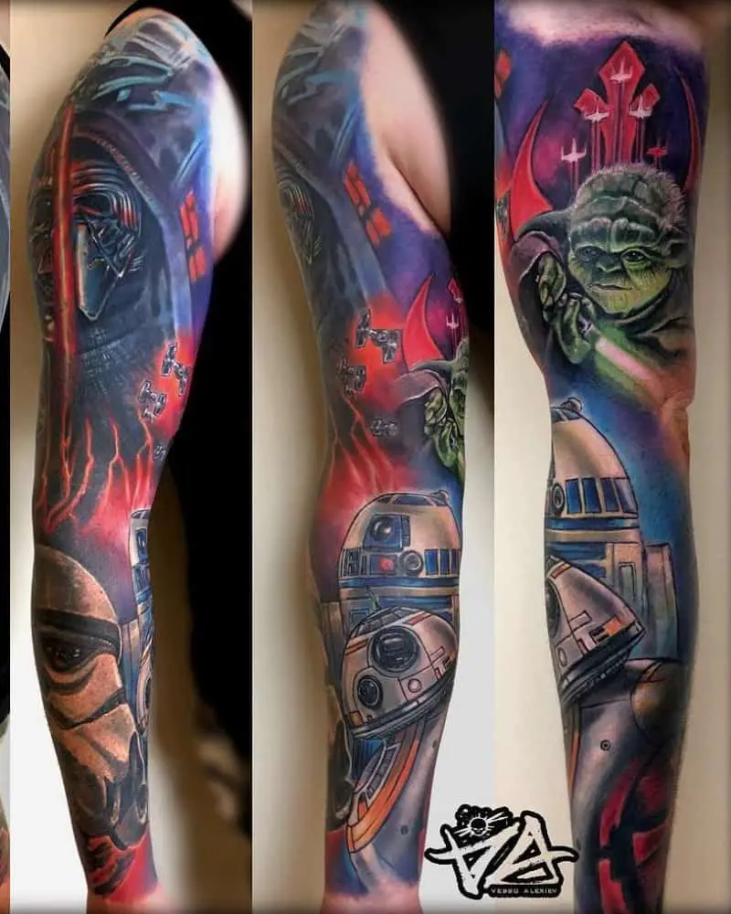 Full sleeve tattoo with Darth Vader and Ben Solo, R2-D2 and BB-8