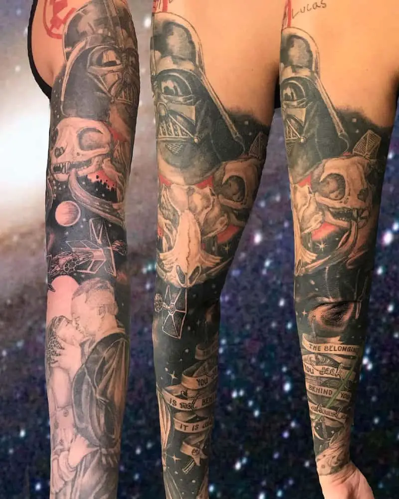 Full sleeve tattoo with Padmé Amidala and Anakin, Darth Vader and animal skulls