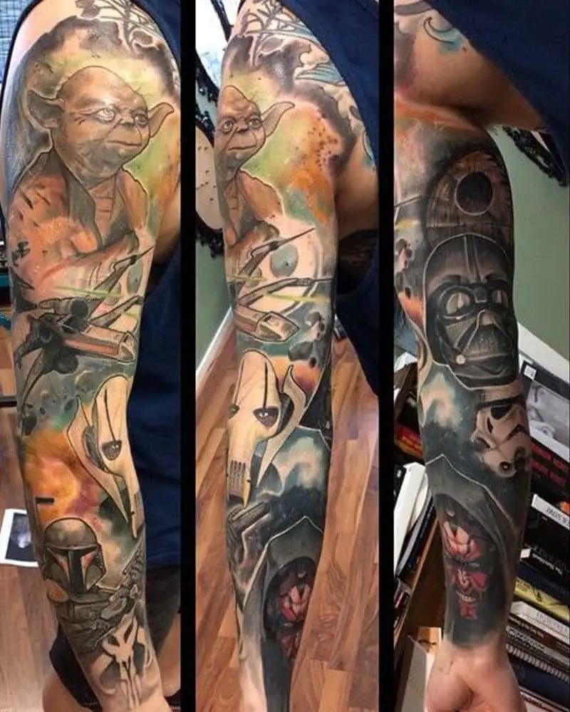 Full sleeve tattoos with Darth Maul, Darth Vader, Boba Fett, Yoda, T-65B Starship X-wing