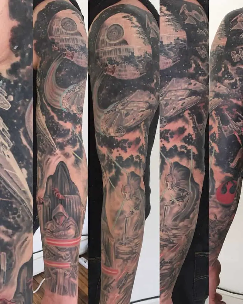 Full tattoo sleeve with Death Star, Millennium Falcon, Star Destroyer