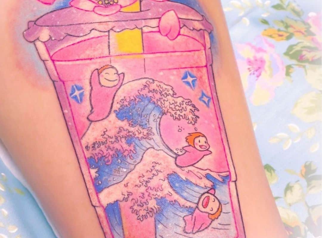 Little Ponyos in a pink glass tattoo