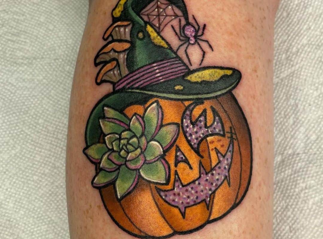 Pumpkin in the witch hat tattoo
