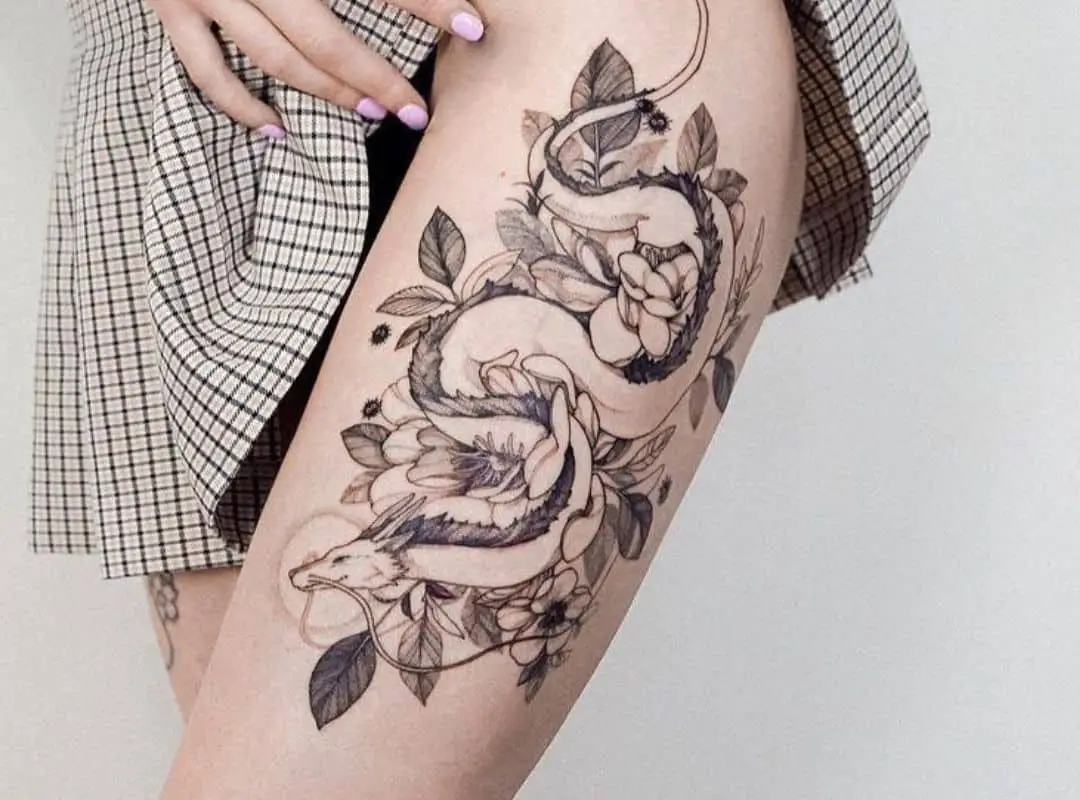 Outline Haku with flowers leg tattoo