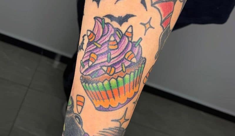 Halloween sleeve with a cupcake tattoo