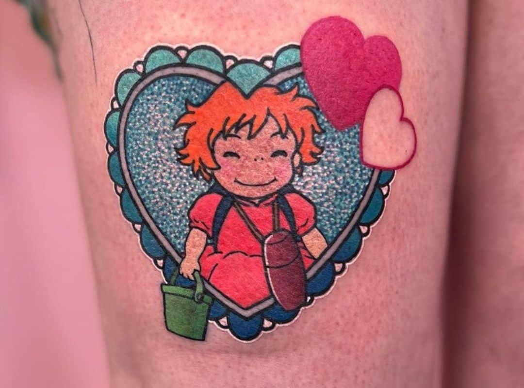 Heart with Ponyo and hearts in the corner tattoo