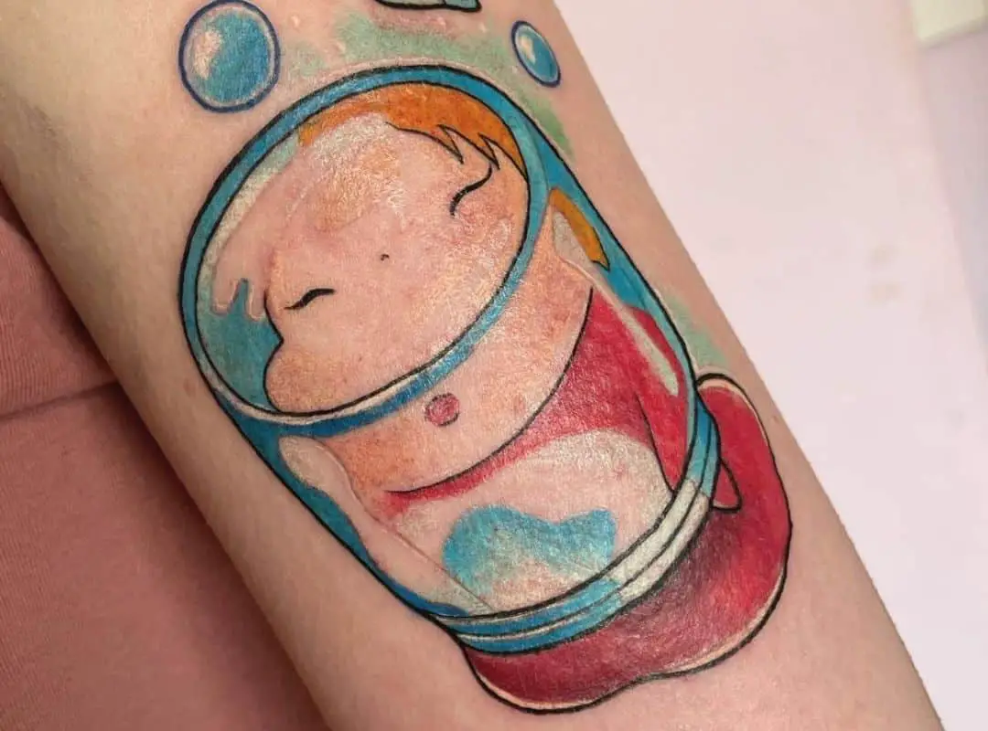 Head of Ponyo in the jar tattoo