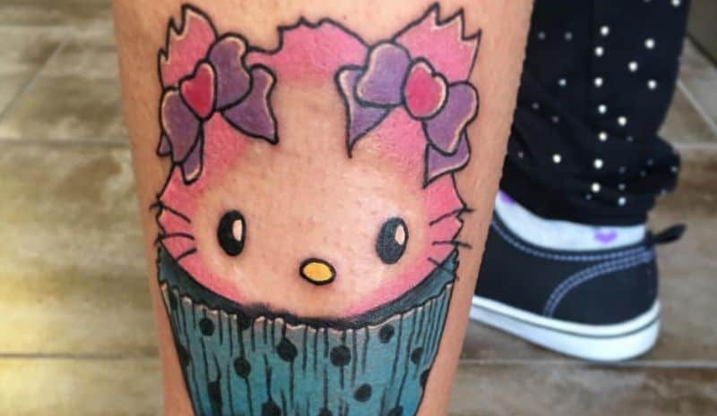 Pink Kitty cat cupcake leg tattoo