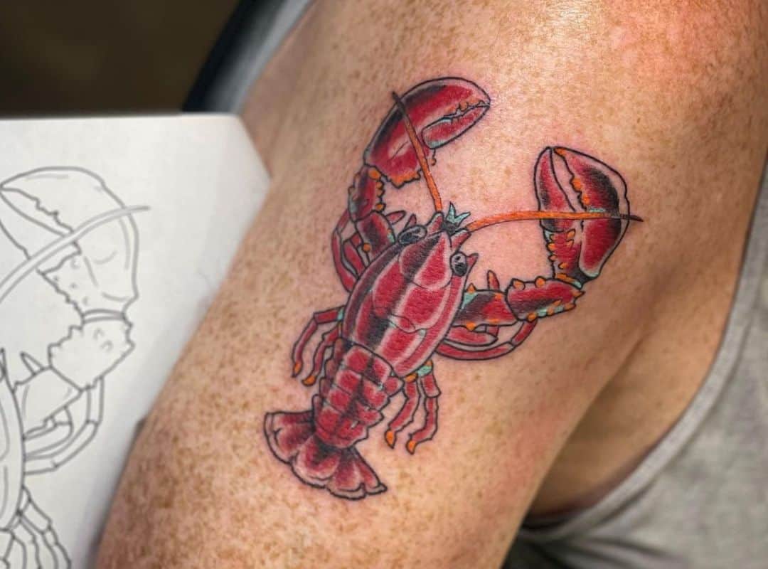 Red simple lobster hand tattoo