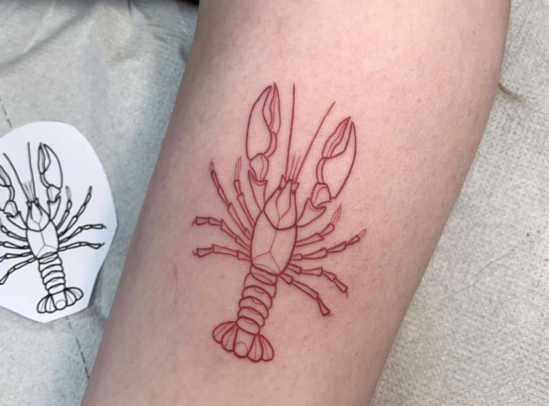 Mini red lobster tattoo and the drawing