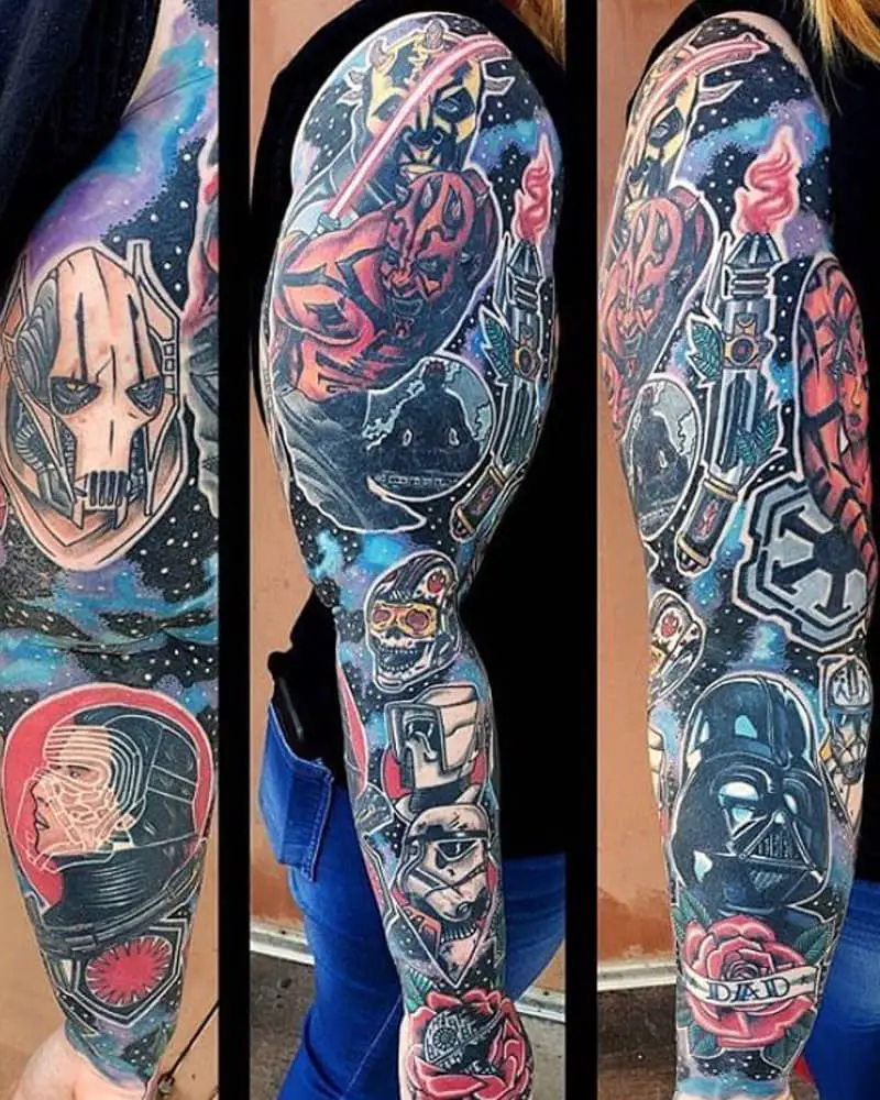 Mottled tattoo full sleeve Darth Maul, Darth Vader, Ben Solo and many details