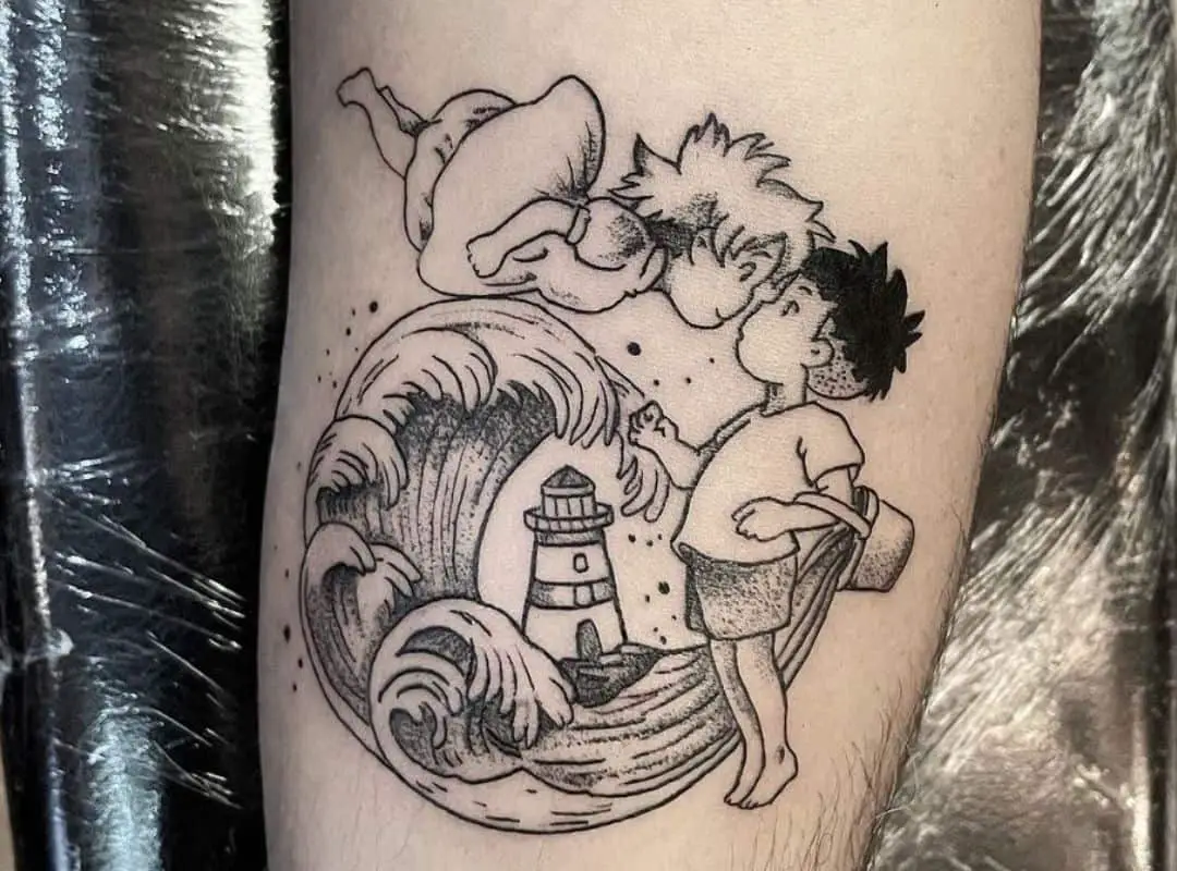 Outline Ponyo and Sosuke with waves and lighthouse tattoo