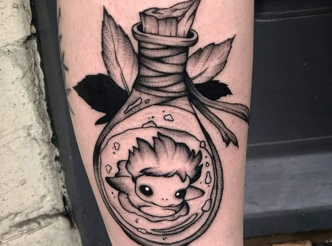 Outline Ponyo in the bottle with leaves tattoo