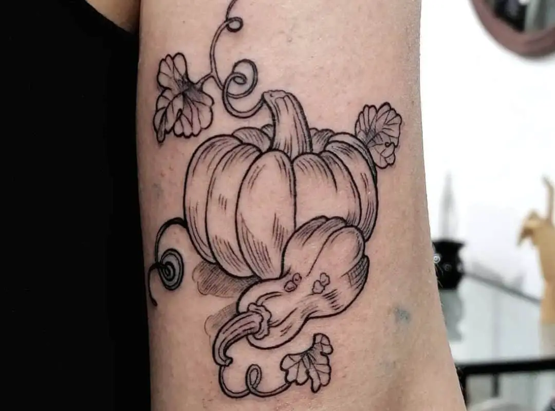 Outline pumpkins and vine tattoo