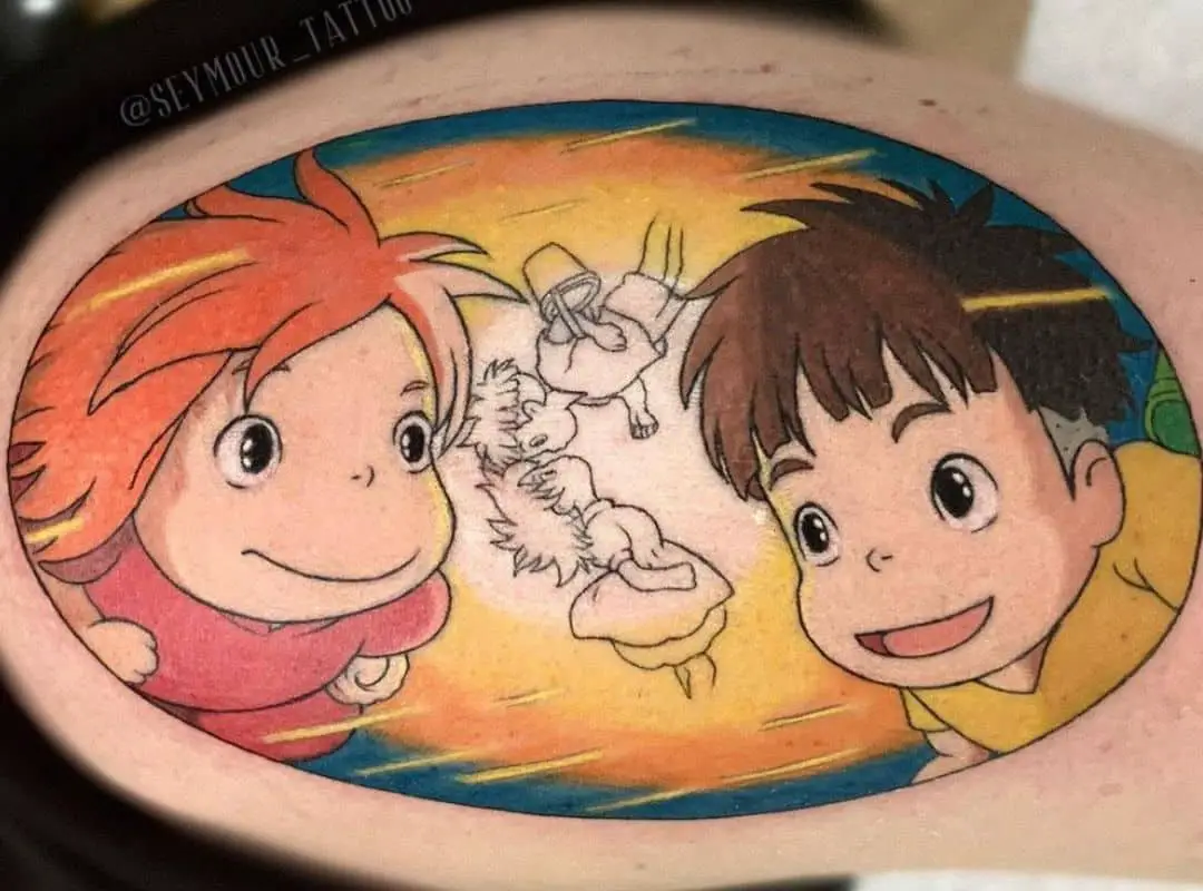 Sosuke and Ponyo in colorful oval tattoo