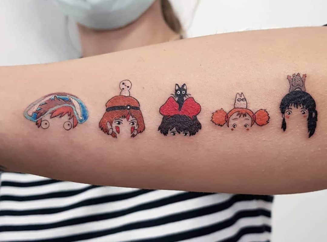 Ponyo characters heads with their pets tattoo