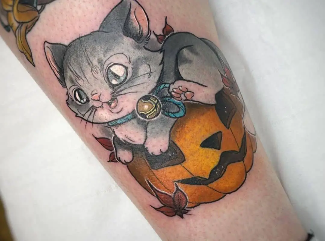 Kitten on the pumpkin tattoo