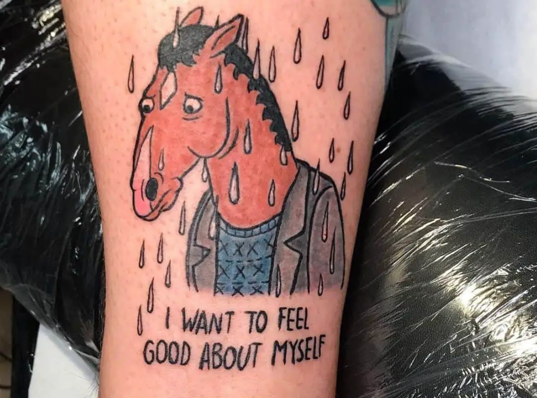 BoJack in the rain with a sign tattoo