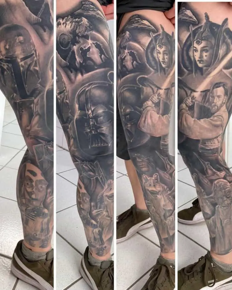 Realistic full sleeve tattoo with Darth Vader, Boba Fett, Obi-Wan Kenobi, Yoda and the rest