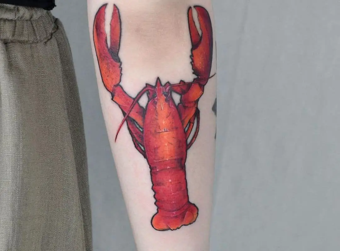 Red traditional lobster hand tattoo